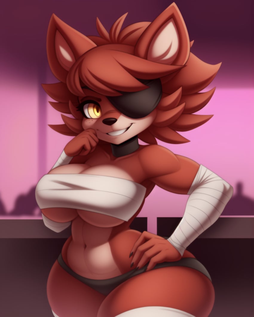 1girls ai_generated anthro anthro_only bandage bandage_bra big_breasts breasts curvy fazclaire's_nightclub female female_only fexa fexa_(cally3d) fexa_(cryptia) five_nights_at_freddy's foxy_(cally3d) foxy_(fnaf) freckles fredina's_nightclub furry furry_only hand_on_hip hourglass_figure navel red_fur rocksolidart scottgames smile solo solo_female thick_thighs thighhighs thighs wide_hips