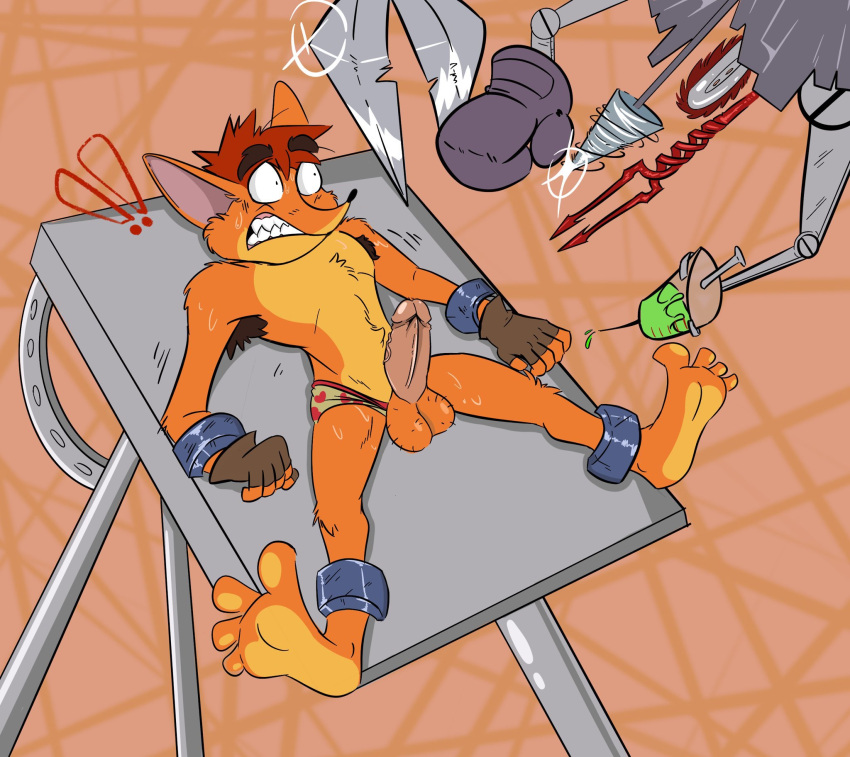 1boy ankle_cuffs anthro balls bandicoot crash_(series) crash_bandicoot cuff_(restraint) erect_penis erection furry furry_male furry_only gay genitals heart_underwear hi_res humanoid_genitalia humanoid_penis imminent_death male male_only mammal marsupial maverickk_(artist) metal_cuffs metal_table no_humans penis restraints solo strapped_down strapped_to_a_table syringe underwear video_games