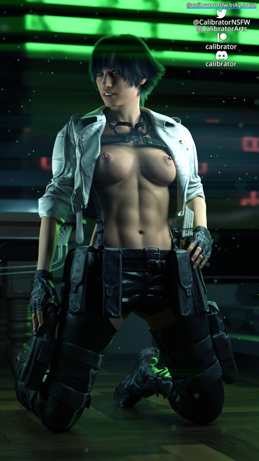 3d abs black_hair boots breasts brown_eyes calibrator devil_may_cry fit fit_female green_eyes gun heterochromia jacket kneeling lady_(devil_may_cry) pants pinup shirtless topless