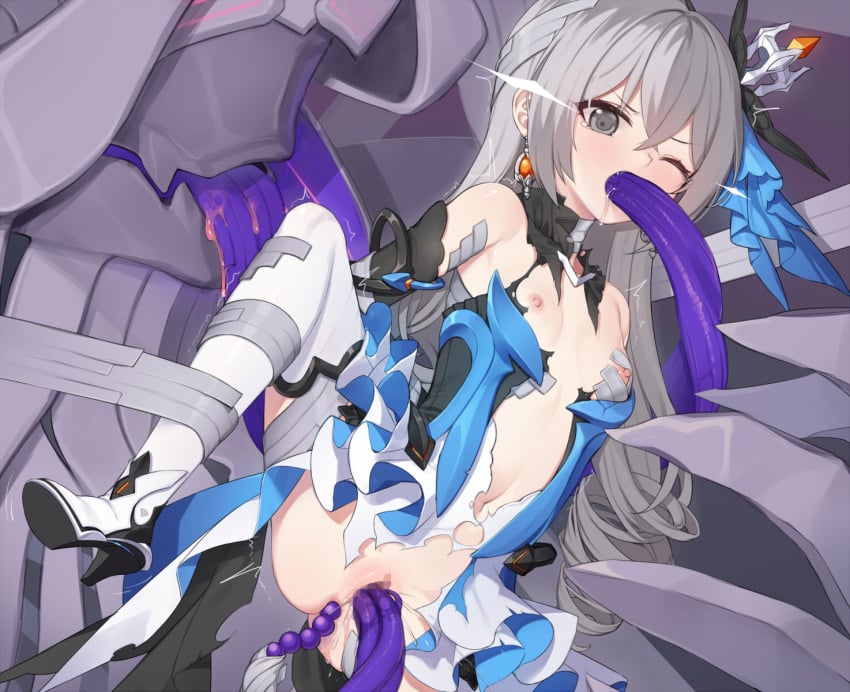 1girls anal breasts bronya_zaychik captured_heroine censored clothing commentary_request commission earrings fellatio female grey_eyes grey_hair highres honkai_(series) honkai_impact_3rd jewelry long_hair monster mosaic_censoring navel nipples one_eye_closed open_mouth oral penetration pixiv_commission purple_tentacles pussy pussy_juice rape small_breasts spread_legs tama_(tamatamo) tears tentacle torn_clothes triple_penetration vaginal_penetration