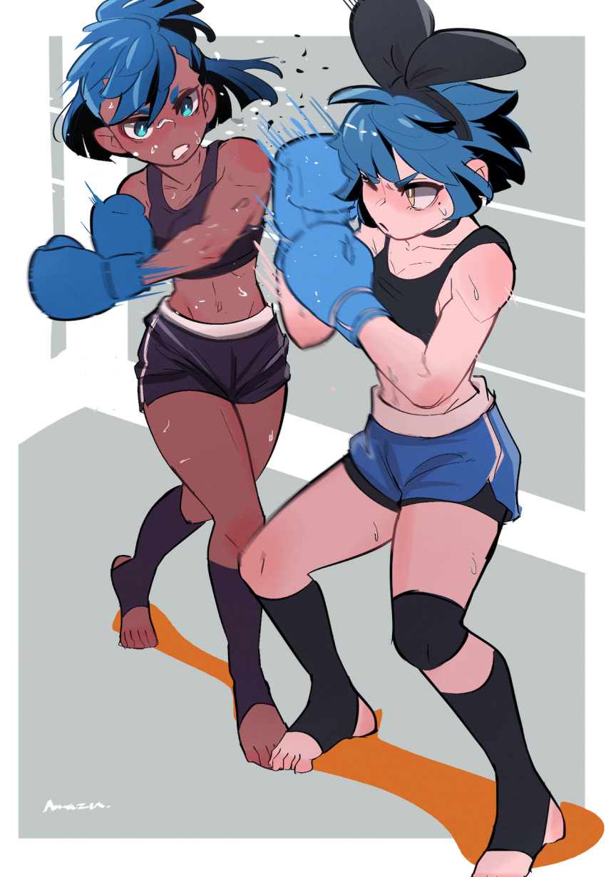 2girls block_punch blue_boxing_gloves blue_gloves blue_hair boxing_gloves catfight crop_top dark-skinned_female dark_skin dif_(difman) duo female female_only fight gloves highres kickboxing light-skinned_female light_skin multiple_girls no_shoes original punch swing_punch tagme toeless_legwear