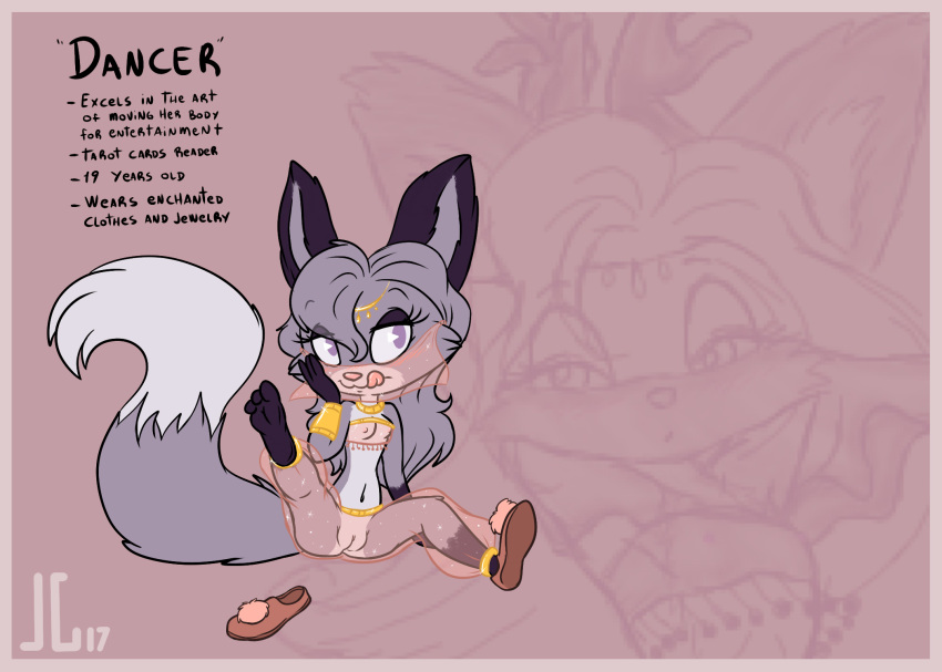 2017 3_toes :3 anthro anthro_only blush breasts canine character_request clothing cute dancer_(furnut5158) female fox fur furcollector grey_fox grey_fur gypsy hair harem_outfit long_hair lying mammal navel nipples nude pussy small_breasts solo teenager text toes tongue tongue_out translucent transparent_clothing white_belly young