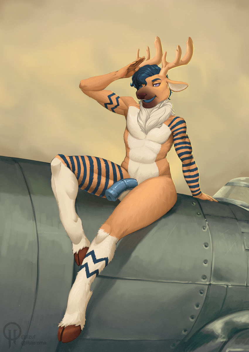 1boy absurd_res aircraft airplane anthro bottomwear clothing deer furry furry_only gesture hi_res huge_filesize lizuf_(artist) male male_only mammal new_world_deer pinup pose reindeer salute saturdaii_(fauxcroft) skirt solo solo_focus solo_male