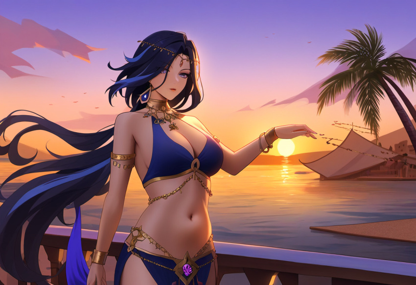 ai_generated arabian_clothes belly belly_dancer belly_dancer_outfit breasts clorinde_(genshin_impact) dancer dancer_outfit desert genshin_impact long_hair purple_eyes purple_hair revealing_clothes sea sunset tiara vision_(genshin_impact)