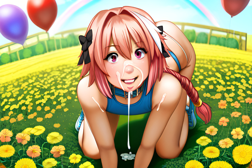 2boys after_fellatio ai_generated big_ass big_butt blowjob collar cum cum_in_mouth cumdrip dog_ears dog_tail excessive_cum facial fate_(series) felation femboy feminine_male field flower garden gay girly huge_ass huge_butt kneeling long_braid looking_at_viewer novelai pink_eyes pink_hair pov sunlight trap yaoi