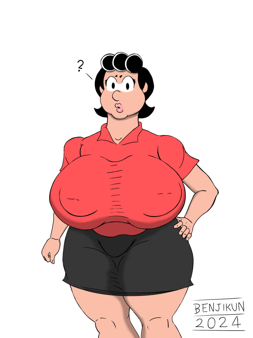 :o bbw benjikun big_breasts black black_skirt dona_cebola hand_on_hip ibispaintx light-skinned_female lips looking_at_viewer milf monica's_gang red_shirt solo spoken_heart turma_da_monica white_background