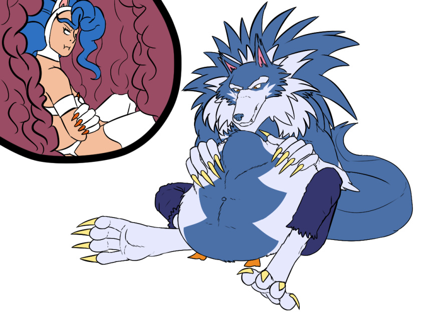 1boy 1girls annoyed annoyed_expression big_belly blue_hair capcom catgirl claws darkstalkers datblangry endosoma felicia_(darkstalkers) female female_prey gray_fur huge_belly internal_view jon_talbain male_pred massive_belly safe_vore same_size_vore soft_vore transparent_background vore werewolf white_fur wolf_tail