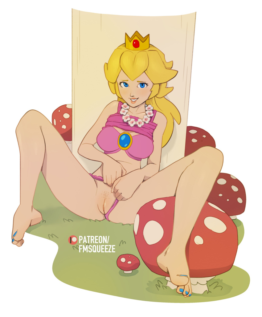 1girls blonde blonde_female blonde_hair bra breasts feet female female_focus female_only fmsqueeze legs_apart mario_(series) mushroom nintendo panties_aside princess_peach pussy shirt_lift super_mario_bros.