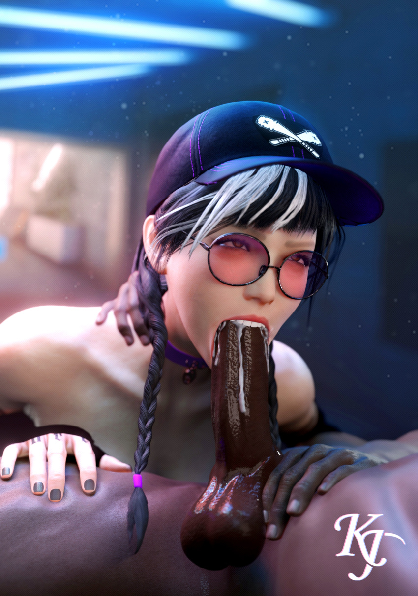 1boy 1girls black_male blowjob cum cum_in_mouth dark-skinned_male dokkaebi_(rainbow_six) glasses hat kjthegrimreaper rainbow_six_siege