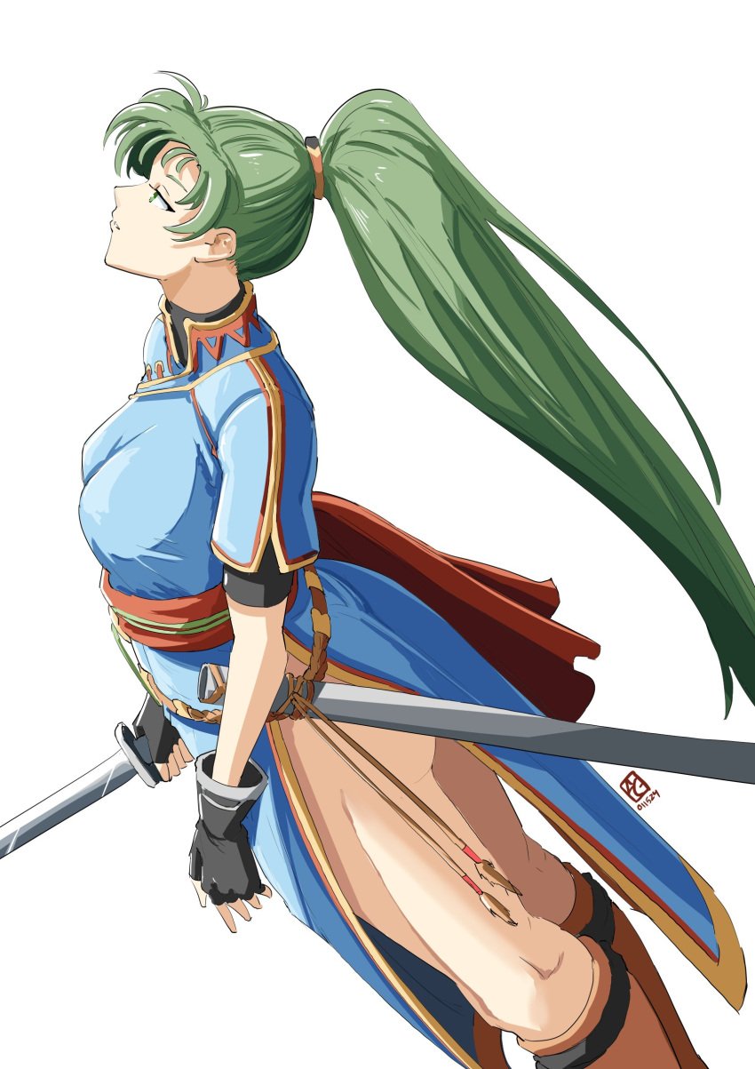 1girls artist_logo ass automatic_giraffe bare_legs big_ass black_gloves blue_dress boots breasts brown_footwear dated dress dutch_angle female female_only fingerless_gloves fire_emblem fire_emblem:_the_blazing_blade gloves green_eyes green_hair highres holding holding_sword holding_weapon legs long_hair looking_up lyn_(fire_emblem) medium_breasts nintendo pelvic_curtain ponytail sheath simple_background solo standing sword very_long_hair weapon white_background