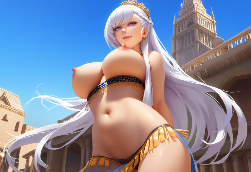 ai_generated arabian_clothes arms_behind_back azur_lane belfast_(azur_lane) belly belly_button belly_dancer belly_dancer_outfit blue_eyes breasts_out city_background curvy curvy_body curvy_female curvy_figure curvy_hips dancer dancer_outfit day female female_only from_below large_breasts looking_at_viewer nipples public public_topless seductive_look seductive_smile silver_hair thong tiara topless_female