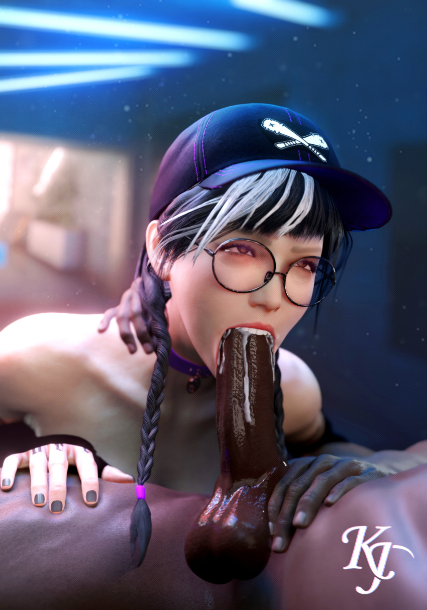 1boy 1girls black_male blowjob cum cum_in_mouth dark-skinned_male dokkaebi_(rainbow_six) glasses hat kjthegrimreaper rainbow_six_siege