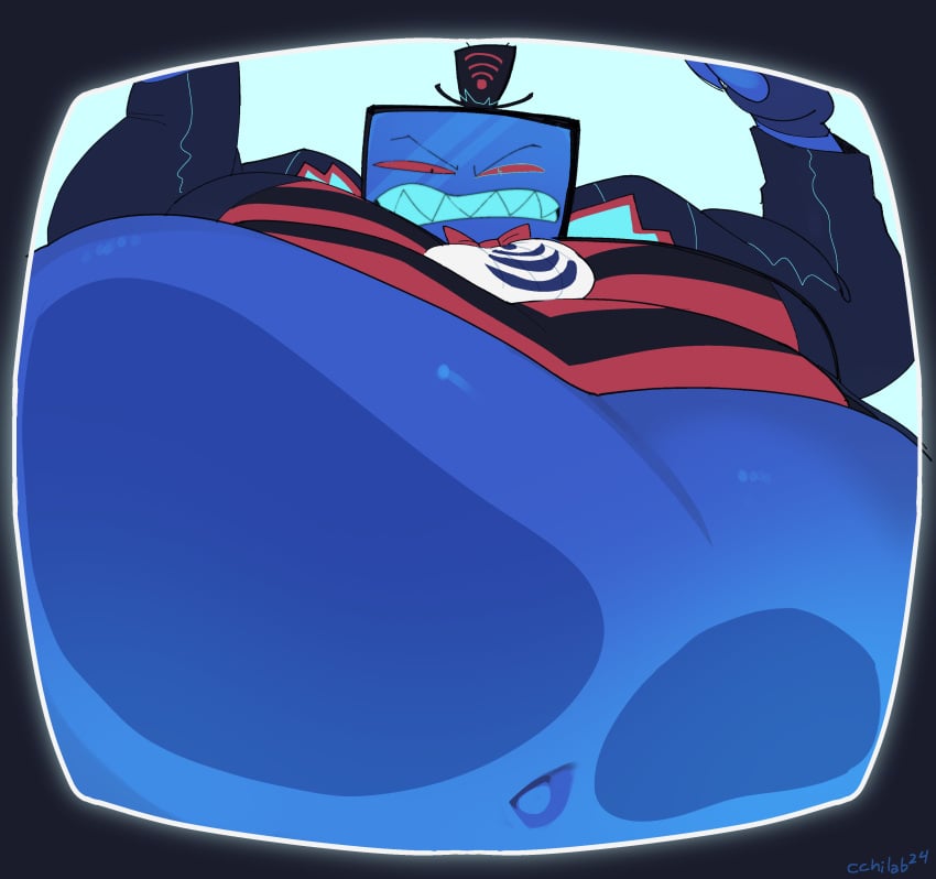 belly big_belly big_breasts blue_skin cchilab fat fat_man hat hazbin_hotel huge_belly male male_only morbidly_obese obese obese_male overweight overweight_male suit television tv tv_head vox_(hazbin_hotel)