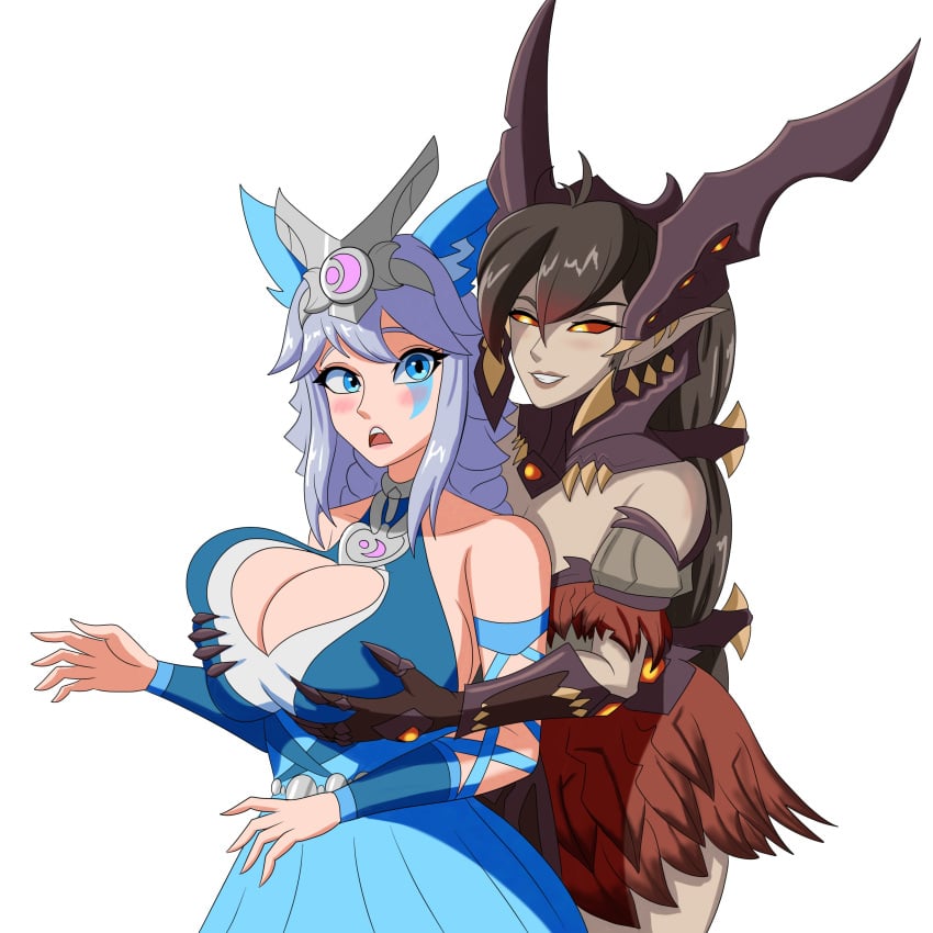 2girls big_breasts big_breasts black_hair blue_ears blue_eyes bouncing_breasts breasts breasts fox_ears fox_girl fox_tail green_hair hand_on_breast hips huge_breasts io_(paladins) jiggling_breasts long_hair miniskirt neckline paladins rebuffedtax614 red_eyes skirt skirt_lift smile surprised thick_hips thighs vora_(paladins) yuri