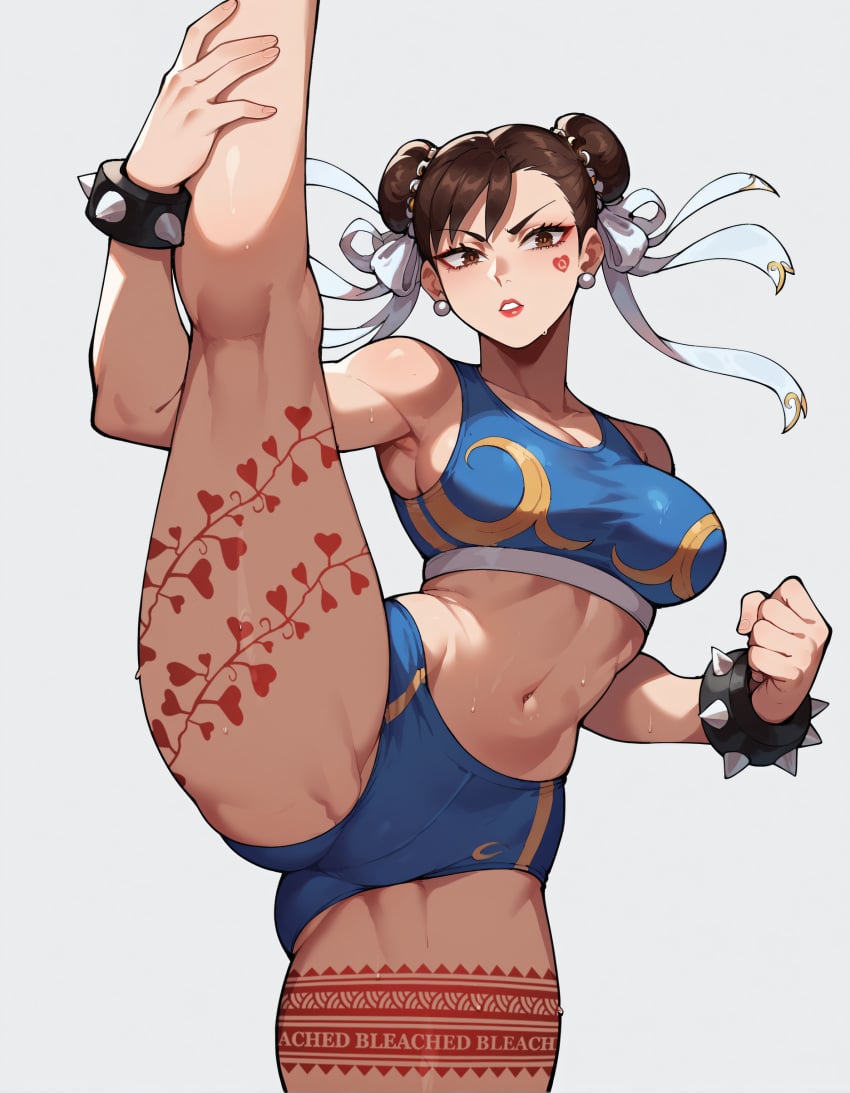 1girls ai_generated ass athletic bare_legs big_breasts bleached bloomers bra breasts brown_eyes brown_hair capcom chun-li clothed earrings female female_only fit fit_female hair_bun legs_up lipstick looking_at_viewer makeup midriff one_leg_up parted_lips pose queen_of_hearts red_lipstick short_shorts shorts skimpy skimpy_clothes solo solo_female splits sports_bra sportswear standing_on_one_leg standing_split street_fighter sweat tattoo thick_thighs thighs yuroart