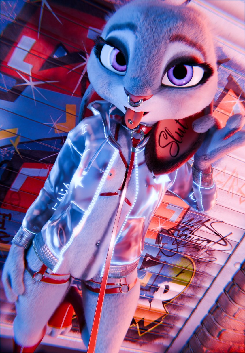 1girls 4_fingers anthro bdsm belly_piercing blue_eyes body_fur bottomless bunny city_background clothed clothing complex_background disney female female_only flat_chest genitals graffiti grey_fur hi_res highres judy_hopps lagomorph leash long_ears looking_at_viewer nipple_piercing nipples pierced_nipples piercings pochemu pussy solo straps tattoo tongue tongue_out tongue_piercing zootopia