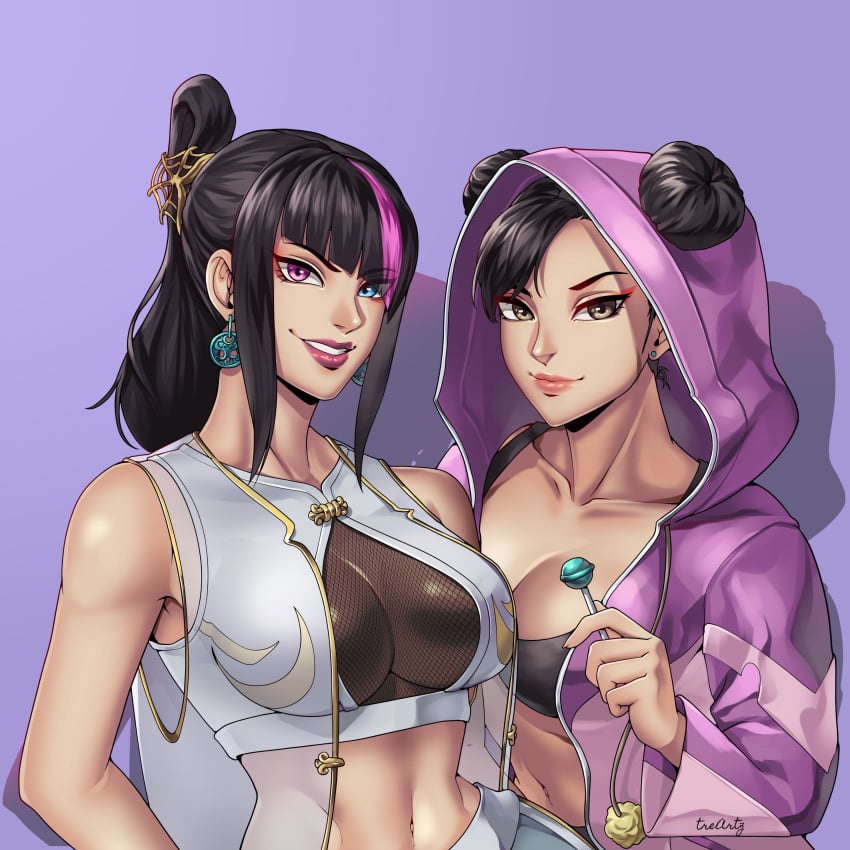 2girls alternate_costume asian asian_female black_hair breasts brown_hair brown_hair_female brunette_hair capcom chinese chinese_female chun-li costume_swap costume_switch female female_only fishnets human juri_han light-skinned_female light_skin looking_at_viewer multiple_girls official_alternate_costume onesie open_onesie pajamas street_fighter street_fighter_6 thotlerrr treartz video_game_character