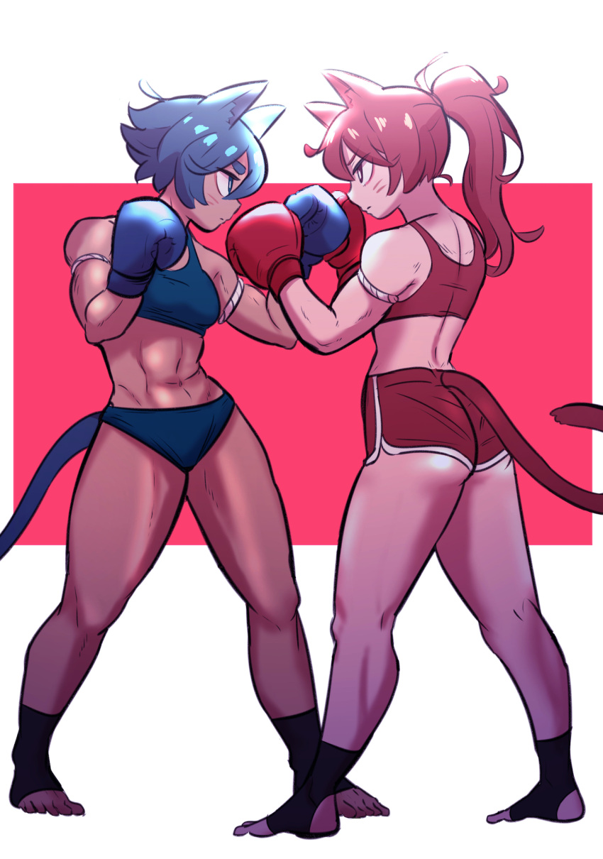 2girls bare_shoulders blue_boxing_gloves blue_gloves blue_hair blue_shirt boxing_gloves boxing_stance catfight dark-skinned_female dark_skin duo female female_only gloves kickboxing multiple_girls original red_boxing_gloves red_gloves red_hair red_shirt shirt staredown tagme toeless_legwear