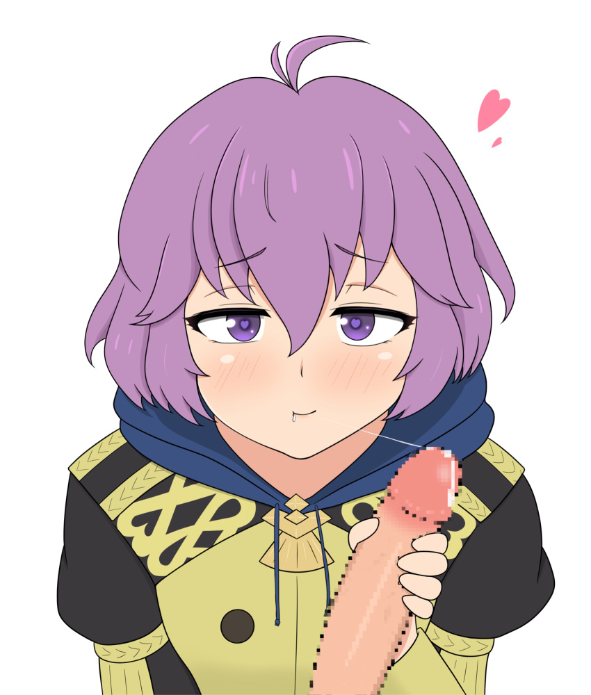 1boy 1girls after_fellatio after_oral after_sex ahoge bernadetta_von_varley breasts censored cum cum_in_mouth cum_string female female_focus fire_emblem fire_emblem:_three_houses garreg_mach_monastery_uniform heart heart_in_eye hood looking_at_viewer male nintendo penis purple_hair short_hair small_breasts smile solo_focus white_background yoshio_hentai