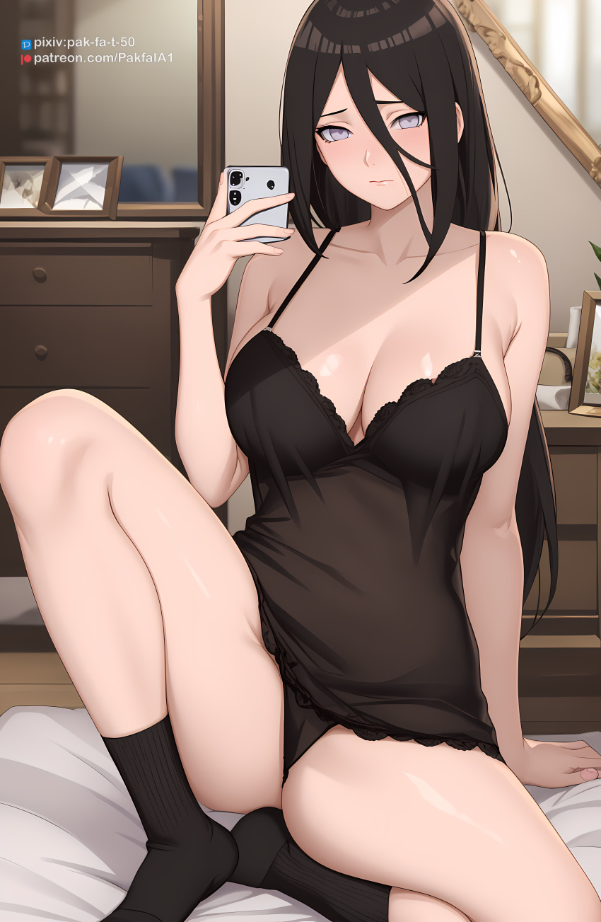 1girls ai_generated artist_name babydoll big_breasts boruto:_naruto_next_generations breasts brown_hair busty cellphone cleavage embarrassed female female_only front_view holding_object huge_breasts hyuuga_hanabi legwear light-skinned_female light_skin lingerie looking_at_viewer nai_diffusion naruto naruto_(series) no_bra oppai pak-fa-t-50 panties patreon_username pixiv_username revealing_clothes selfie skimpy skimpy_clothes sleepwear socks stable_diffusion taking_selfie text url very_long_hair violet_eyes watermark web_address