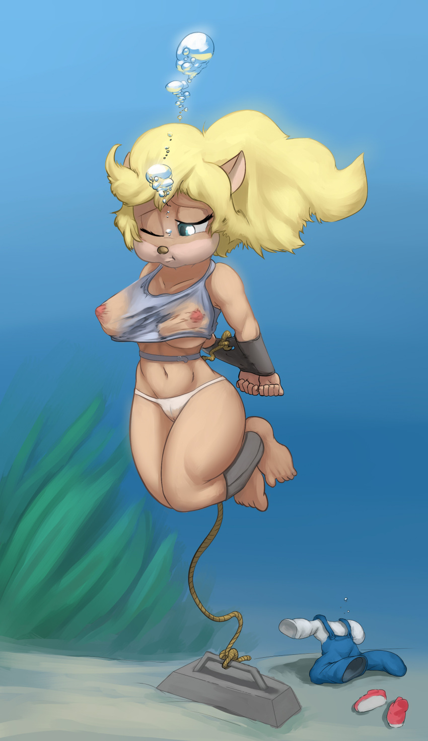 1girls activision anthro asphyxiation bandicoot big_breasts bondage breasts bubbles byondrage clothing coco_bandicoot collarbone crash_(series) drowning female furry mammal marsupial naughty_dog navel nipples panties peril solo tagme tied underwater underwater_peril_aladdin underwear undies