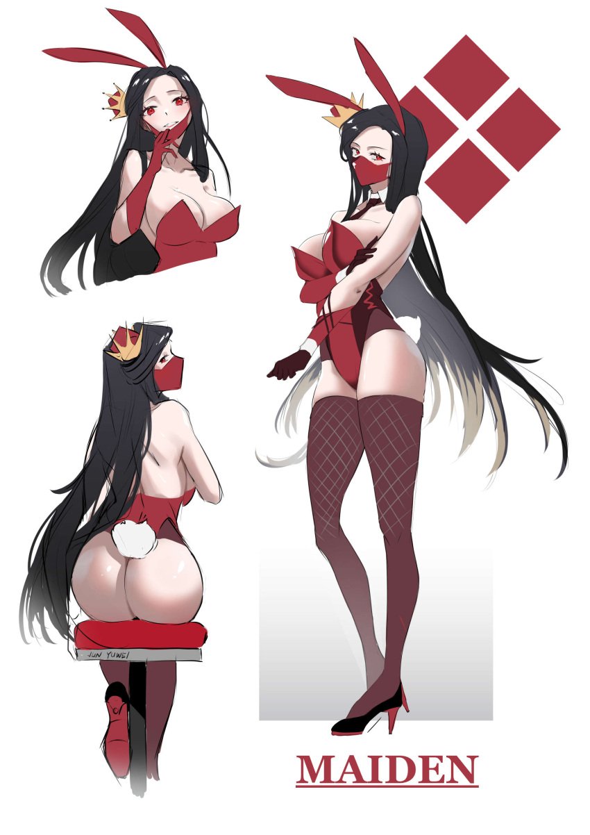 ass big_ass black_hair black_socks breasts bunny_ears bunny_girl bunny_tail bunnysuit cleavage fishnet_socks fishnet_thighhighs fishnets goddess_of_victory:_nikke heels maiden_(nikke) mask red_eyes sitting socks socks_and_heels thigh_socks thighhighs white_background