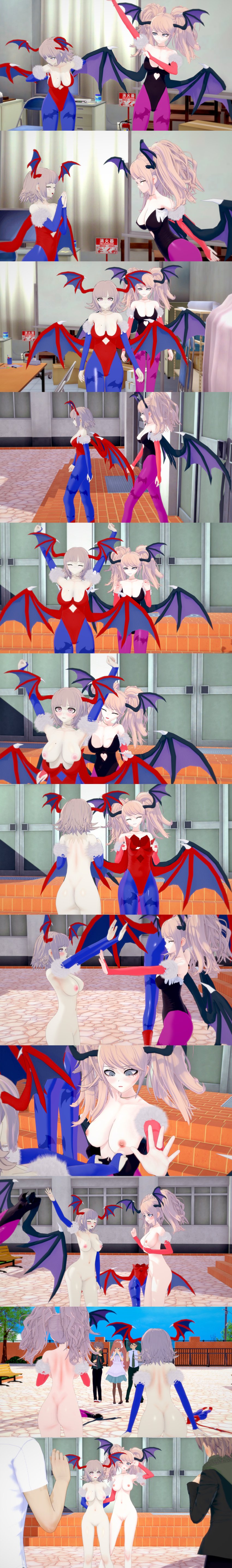 3d ass big breasts cosplay danganronpa darkstalkers female heart hinata_hajime junko_enoshima koikatsu lilith_aensland_(cosplay) morrigan_aensland_(cosplay) naegi_makoto naked nanami_chiaki pussy ultimateenf undressing_another yukizome_chisa