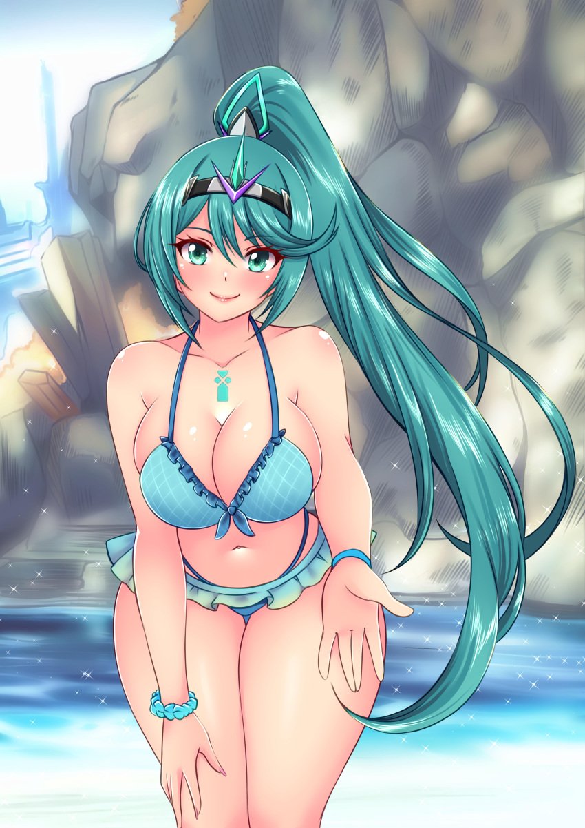 1girls absurd_res big_breasts bikini bikini_skirt blue_sky cleavage commission core_crystal day green_eyes green_hair hair_between_eyes high_res long_hair looking_at_viewer navel nintendo onsen outside outstretched_hand pneuma_(xenoblade) ponytail rock sky smile sugarbell swimsuit water xenoblade_(series) xenoblade_chronicles_2