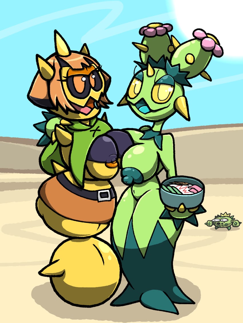 2girls admiring alternate_species bowl breasts cacnea chabble crossover desert female full_body gardenia_(pokemon) generation_5_pokemon humanoid large_breasts maractus mario_(series) multiple_girls nipples no_humans orange_hair outdoors plant_girl plant_humanoid plantie pokémon_(species) poke pokemon pokey_(mario) post_transformation segmented_body skindentation sky standing