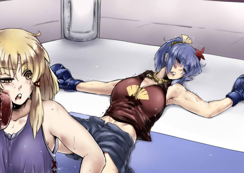 2girls blonde_hair blood blood_on_face boxing boxing_gloves boxing_ring boxing_shorts breasts bruise catfight defeated gloves hair_ornament injury kanako_yasaka large_breasts long_hair lying multiple_girls no_headwear on_back open_mouth purple_hair ryona short_hair shorts suwako_moriya sweat tagme tobisawa touhou touhou_tag_dream unconscious yellow_eyes