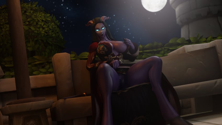 3d big_breasts draenei exposing_self keshina looking_at_viewer morilymory night_sky oc original_character public public_exposure solo warcraft world_of_warcraft