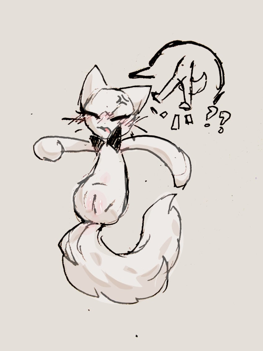 angry anthro arisel_uwu catgod closed_eyes domestic_cat felid feline felis female genitals hi_res humanoid legless long_tail mammal pussy solo stick_figure tail white_body