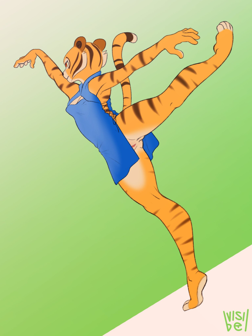 1girls ballerina_position ballet boob_window dreamworks dress female furry going_commando kung_fu_panda leg_up master_tigress no_panties pussy tigress visibel