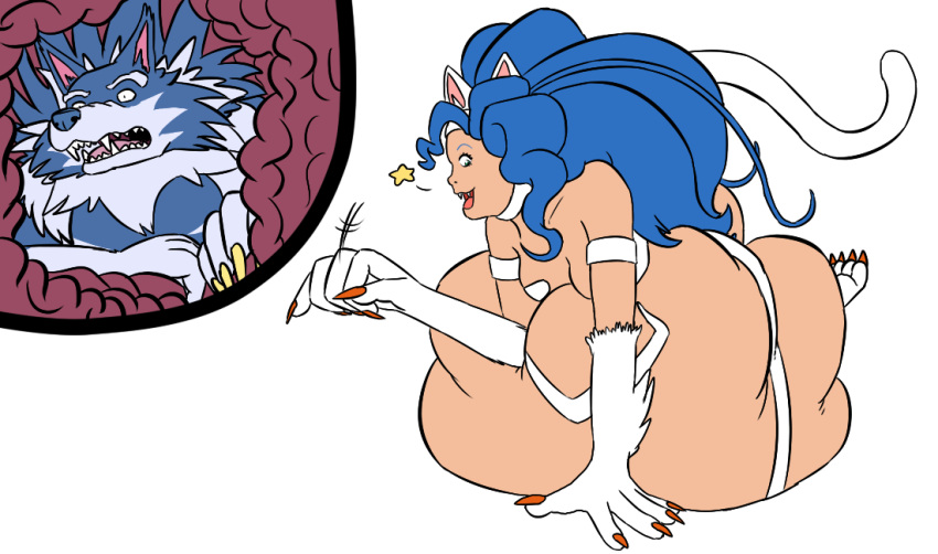 blue_hair capcom cat_ears cat_girl cat_paws cat_tail darkstalkers datblangry endosoma felicia_(darkstalkers) female female_pred gray_fur internal_view jon_talbain laying_on_belly male male_prey safe_vore soft_vore transparent_background vore werewolf white_fur wide_eyed