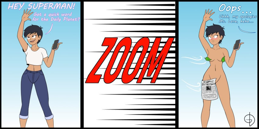1girls accidental_exposure adult_swim artist_logo barely_visible_genitalia barely_visible_pussy black_hair blush blushing breasts brown_eyes clothed_female completely_naked completely_nude completely_nude_female convenient_censoring convenient_censorship dark-skinned_female dark_hair dark_skin dc dc_comics denim denim_jeans dialogue embarrassed embarrassed_nude_female english english_text female female_focus female_only graciousdegenerate gust_of_wind holding_phone holding_smartphone leaves leaves_on_breasts lois_lane lois_lane_(my_adventures_with_superman) motion_lines my_adventures_with_superman navel newspaper nude nude_female off_screen_character off_screen_male_character shaved_crotch shaved_pussy shrunk_pupils small_breasts small_pupils smiling solo sudden_realization suddenly_naked superman superman_(series) text toonami waving waving_hand white_shirt white_topwear wide_eyed