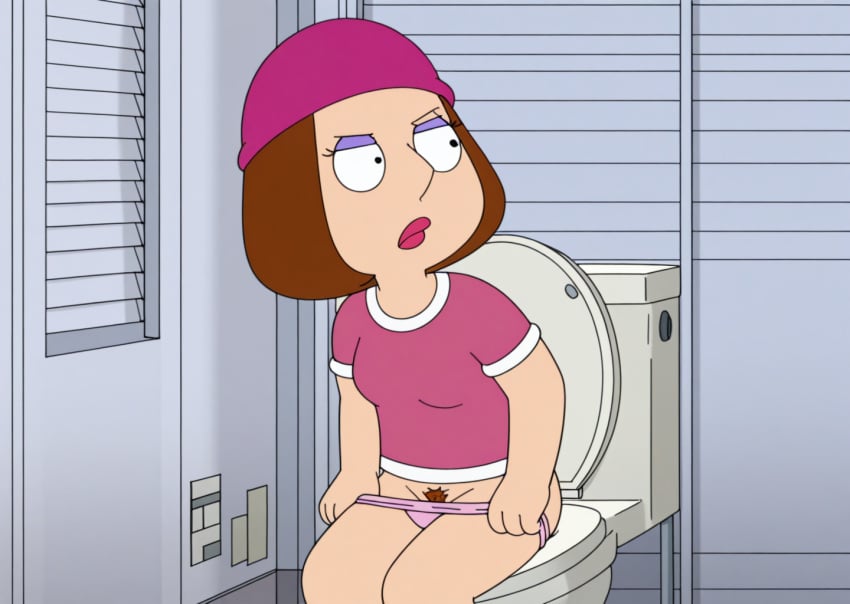 18yo annoyed brown_hair brown_hair_female brown_pubic_hair caught caught_in_the_act caught_off_guard family_guy implied_pee looking_off_screen makeup meg_griffin no_glasses panties panties_pull peeing peeping pink_beanie pink_hat pink_panties pink_shirt pulling_panties sitting_on_toilet teenage_girl teenager toilet toilet_use