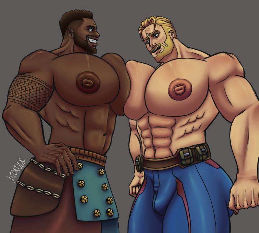 2boys bara bara_tiddies bara_tits big_pecs black_panther_(2018) black_panther_(series) busty captain_america captain_america_(series) dickula gay gigantic_chest huge_chest huge_pecs m’baku male male/male male_only marvel marvel_comics