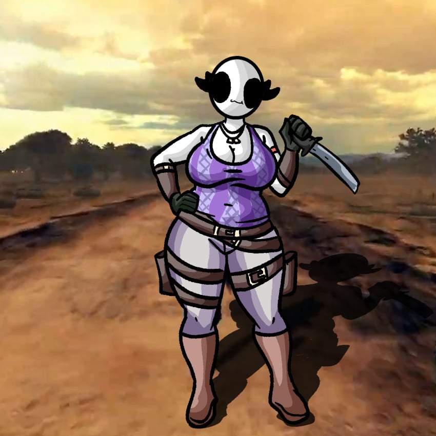 1girls :3 africa bald bald_female black_eyes boots breasts chetoh chubby chubby_female claire_(chetoh) cleavage clothed clothed_female egg female female_focus female_only gloves hand_on_hip knife looking_at_viewer oc original original_character photo_background savannah smile smiling smiling_at_viewer