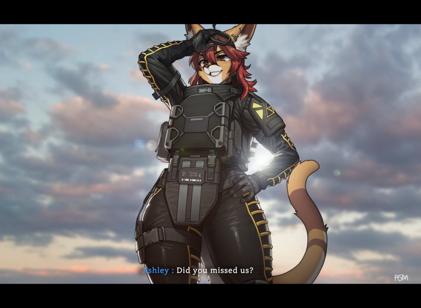 1girls 2020s 2024 2d 2d_(artwork) anthro anthro_only armor ashley_(mutagen) big_ears big_thighs caracal cat_ears catgirl dialogue ear ear_piercing earrings english english_text feline female female_focus female_only fully_clothed furry furry_female furry_only gloves hi_res highres hips large_thighs mammal military military_uniform original pgm300 red_eyes red_hair schewiener solo solo_female solo_focus tail thick_thighs thighs wide_hips