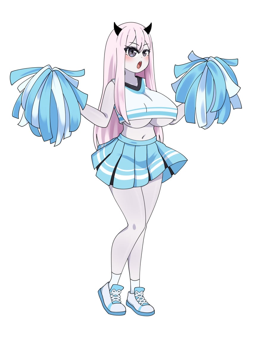 cheerleader cheerleader_outfit cheerleader_uniform horns long_hair original_character phasmomo pink_hair pom_poms sneakers