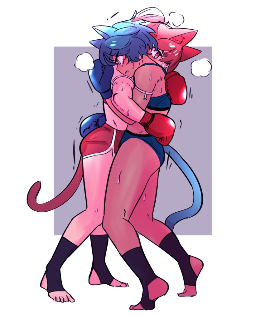 2girls amazu bare_shoulders bearhug blue_boxing_gloves blue_gloves blue_hair blue_shirt boxing boxing_gloves catfight clinch dark-skinned_female dark_skin duo female female_only gloves grapple kickboxing multiple_girls original red_boxing_gloves red_gloves red_hair red_shirt shirt tagme toeless_legwear wide_hips