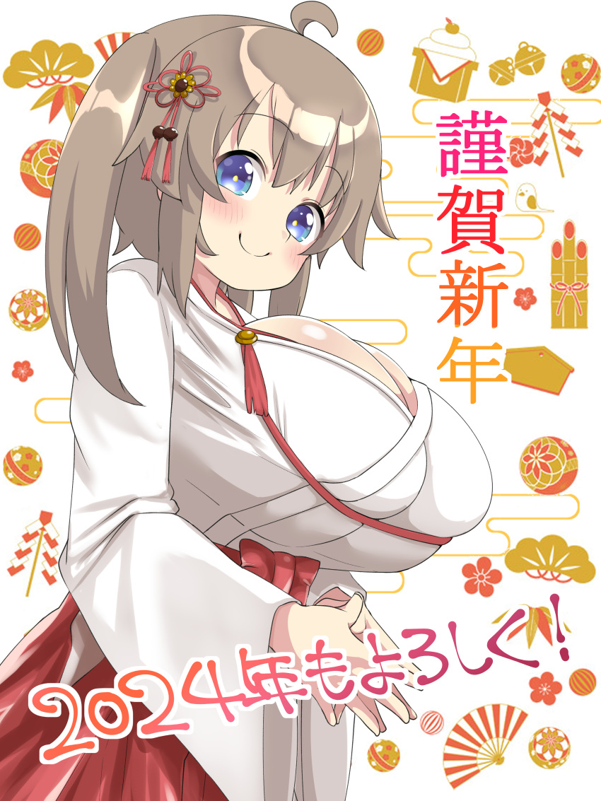 1girls 2024 ahoge blue_eyes blush breasts breasts_bigger_than_head brown_hair cleavage hair_ornament hakama hakama_skirt happy_new_year huge_breasts japanese_clothes kimono long_hair looking_at_viewer marvelous miko minori_(senran_kagura) nagashima_l nengajou new_year red_hakama senran_kagura shortstack side_ponytail skirt smile solo twintails white_kimono wide_sleeves