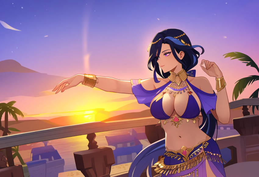 ai_generated arabian_clothes belly belly_dancer belly_dancer_outfit breasts cityscape clorinde_(genshin_impact) dancer dancer_outfit dancing desert genshin_impact looking_away purple_eyes purple_hair revealing_clothes sunset