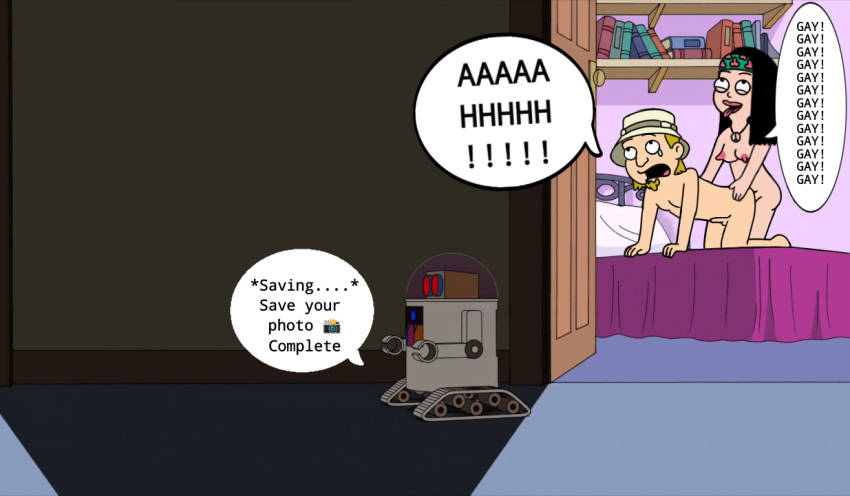 american_dad bedroom bedroom_sex dialogue_bubble doggy_style episode_cannon futa_on_male futanari hat hayley_smith husband_and_wife jeff_fischer jossyless nude_female nude_male robotic sad_expression