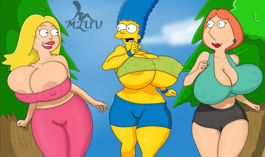 3girls american_dad big_ass boob_window casual casual_nudity clothed family_guy female female_only francine_smith huge_breasts jogging lois_griffin marge_simpson milf mluv multiple_girls nipples nipples_visible_through_clothing no_underwear public public_nudity pussy_visible_through_clothes red_head running shorts teasing the_simpsons underboob yellow_body yoga