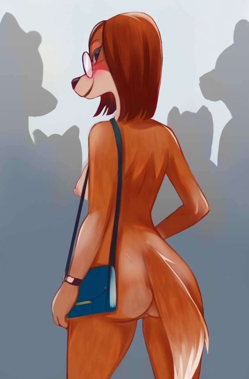 anthro ass bag blush brown_body brown_fur brown_hair canid canine canis casual casual_nudity domestic_dog eyewear female fur glasses group hair hi_res hunting_dog illumination_entertainment mammal public purse rear_view rin_tyan round_glasses saluki sighthound silhouette sing_(movie) smile solo solo_focus standing suki_lane tail wristwear