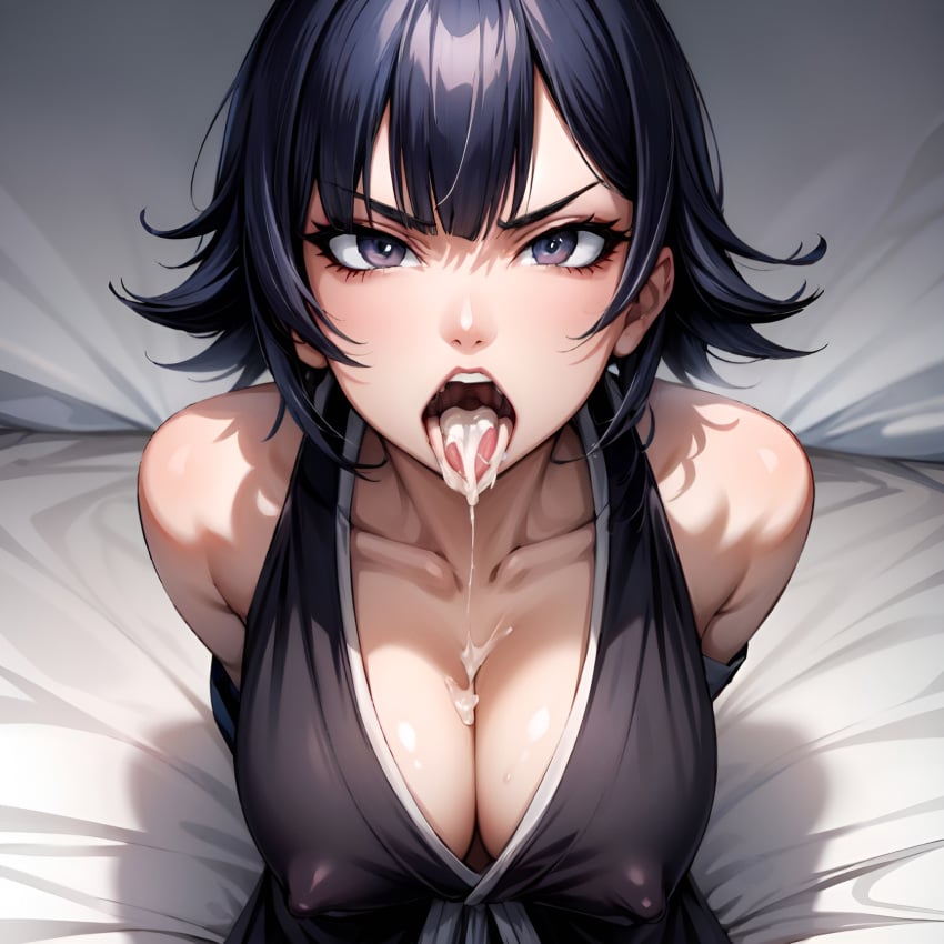 1girls after_fellatio after_oral ai_generated angry angry_face arbitrary bleach cleavage cum cum_dripping_from_mouth cum_in_mouth hi_res large_breasts nipple_bulge open_mouth oral_rape rape short_hair soifon stable_diffusion tongue_out