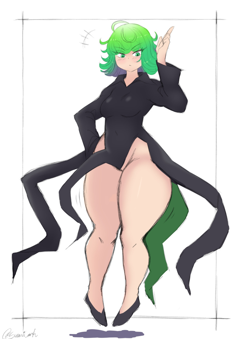 1girls bottom_heavy breasts dress female female_only floating green_eyes green_hair heels high_resolution huge_thighs one-punch_man small_breasts solo suomii tatsumaki thick_thighs thighs very_high_resolution white_background wide_hips