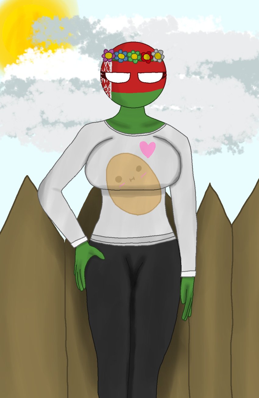 1girls belarus_(countryhumans) big_breasts breasts countryhumans countryhumans_girl female female_only flower_crown green_body looking_at_viewer potato seregamecta