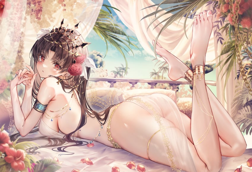 1girls ass barefoot black_hair bubble_butt chiachun0621 fate/grand_order fate_(series) feet feet_up female female_only flowers_in_hair harem_girl harem_outfit ishtar_(fate) large_breasts loincloth long_hair looking_at_viewer looking_back lying_on_stomach red_eyes see-through_clothing solo